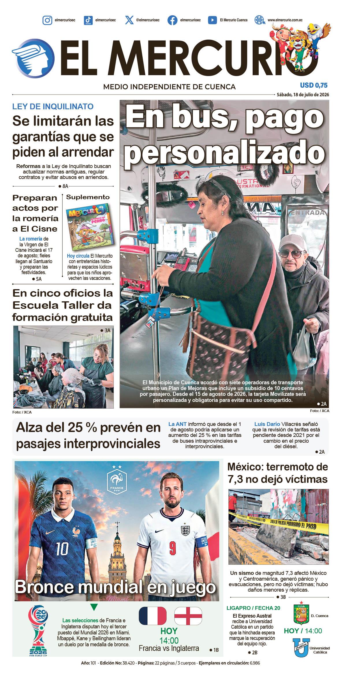 Portada diario El Mercurio 18 de julio de 2026