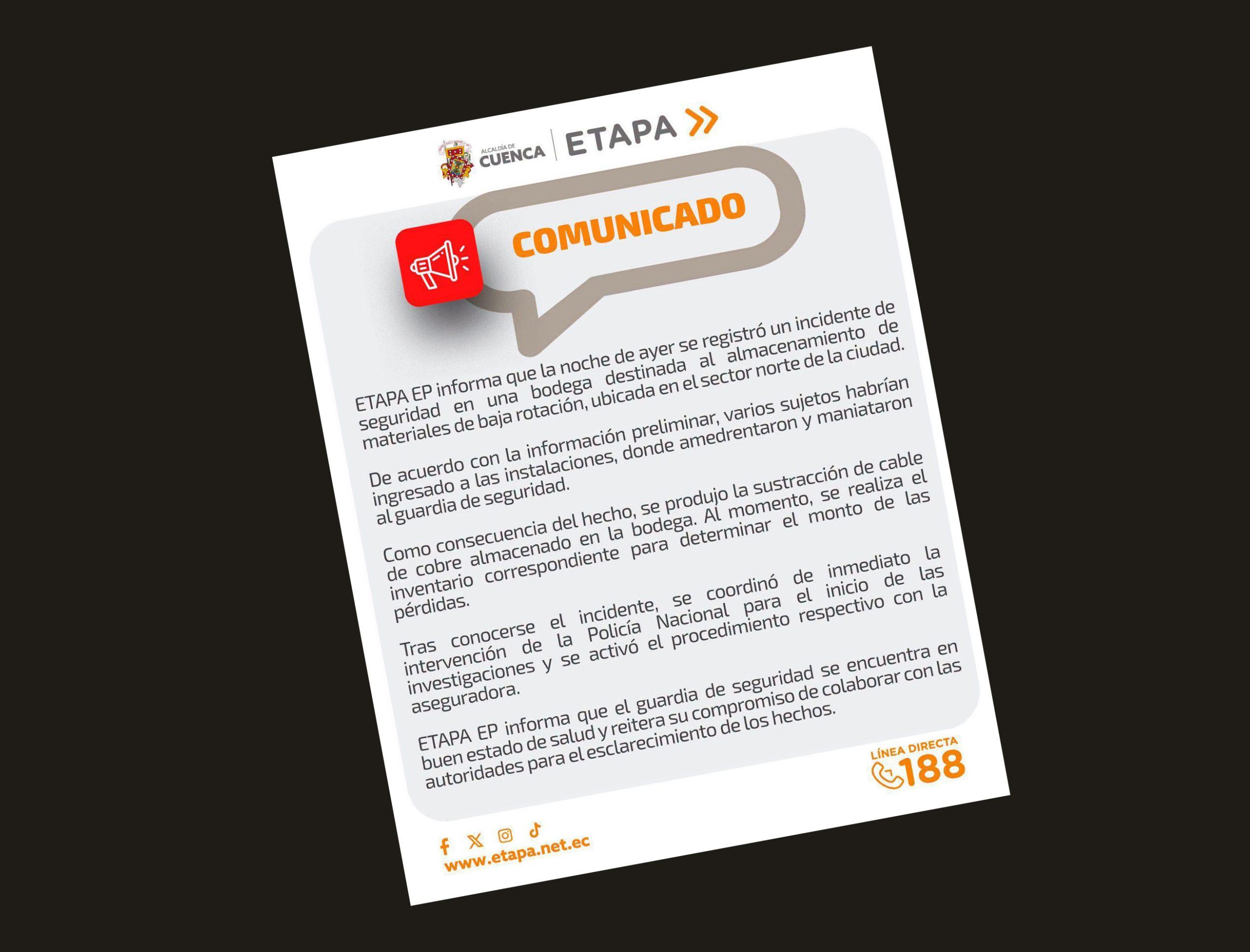 Delincuentes roban cable de cobre de bodega de ETAPA EP