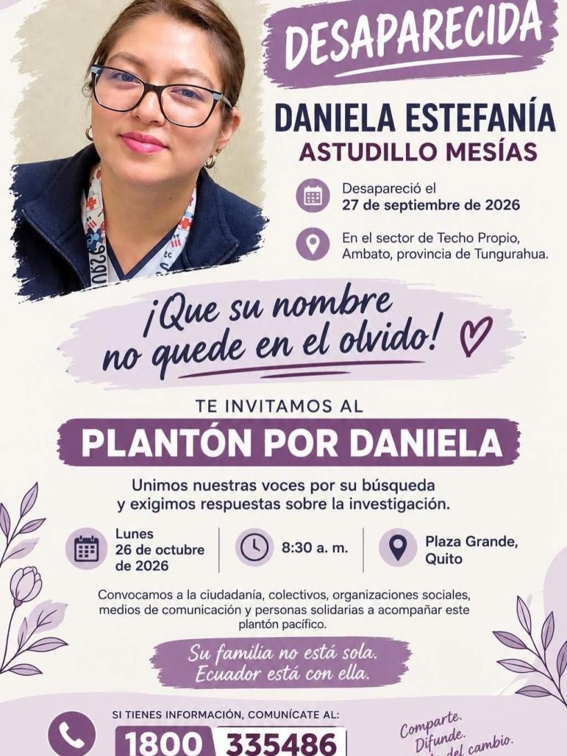 Convocan a plantón en Quito por la desaparición de Daniela Astudillo