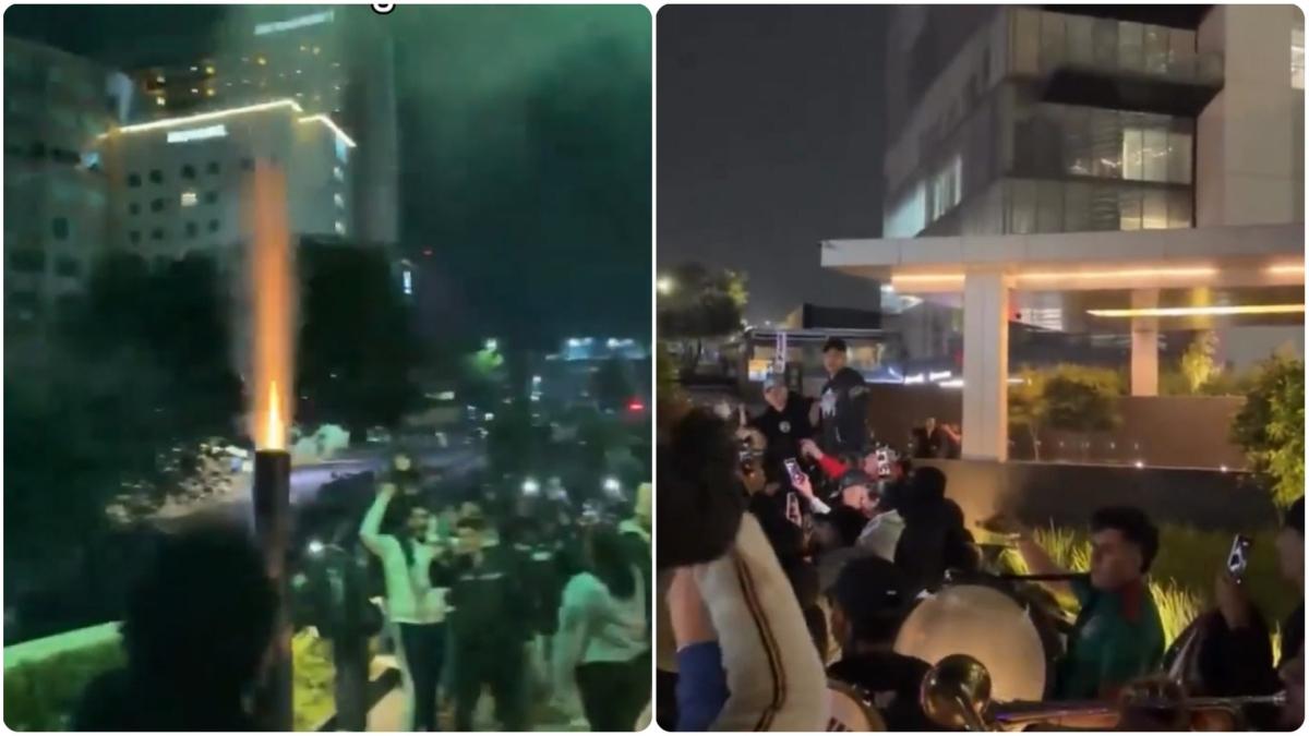 Mexicanos celebran con fuegos artificiales afuera del hotel de Inglaterra