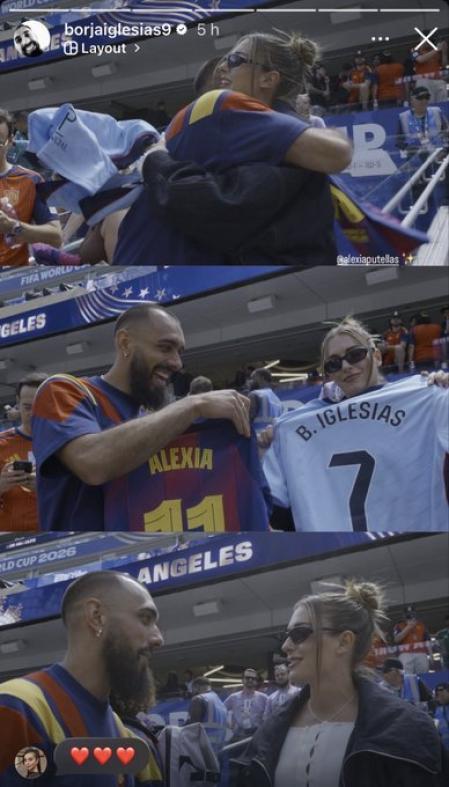 Intercambio de regalos entre Borja Iglesias y Alexia Putellas tras el partido de España